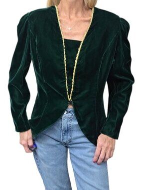 Vintage 80s Nadine Green Rayon Velvet Jacket Skirt Set 11/12 Gold Trim